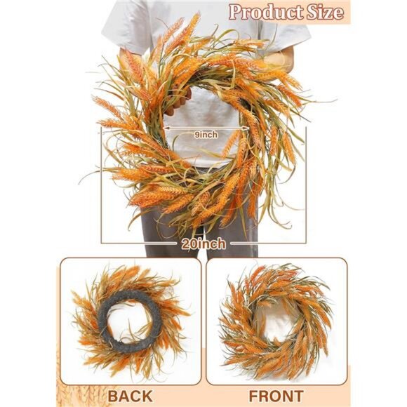 20 Inch 20 LED Thick Fall Wreaths for Front Door Fall Decor Fall Leafed Wheats - Picture 2 of 7